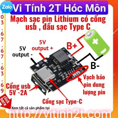 Mạch sạc pin 3.7v 4.2v có bảo vệ mạch, cổng usb 5v 2a, cổng sạc Type C